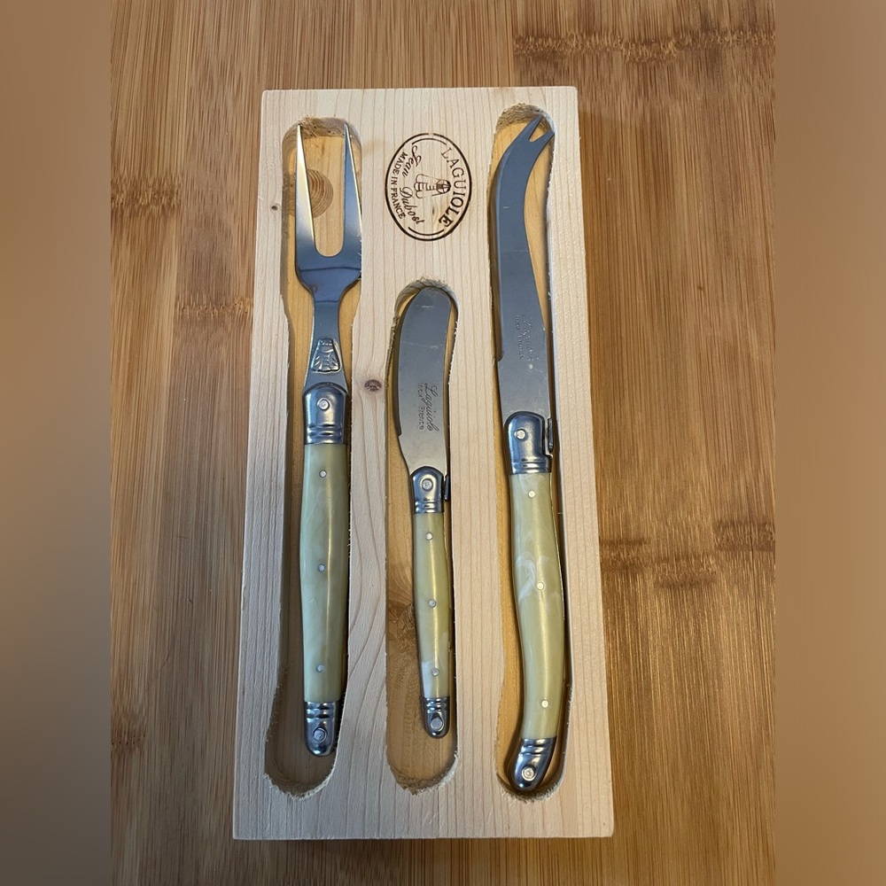 Jean Dubost Laguiole 3 piece Cheese Knife Fork set Ivory Color handles Bees